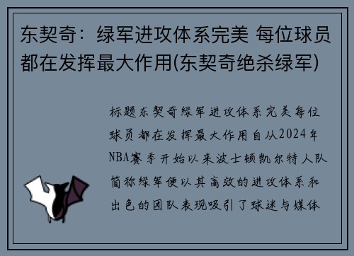 东契奇：绿军进攻体系完美 每位球员都在发挥最大作用(东契奇绝杀绿军)