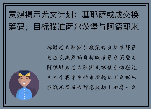 意媒揭示尤文计划：基耶萨或成交换筹码，目标瞄准萨尔茨堡与阿德耶米