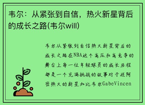 韦尔：从紧张到自信，热火新星背后的成长之路(韦尔will)