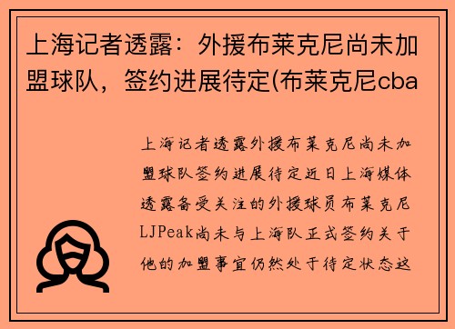 上海记者透露：外援布莱克尼尚未加盟球队，签约进展待定(布莱克尼cba数据)