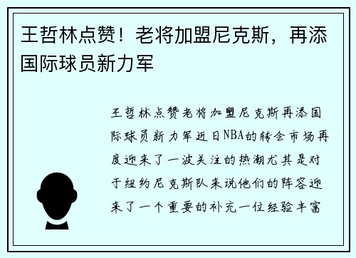王哲林点赞！老将加盟尼克斯，再添国际球员新力军