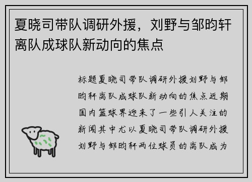 夏晓司带队调研外援，刘野与邹昀轩离队成球队新动向的焦点