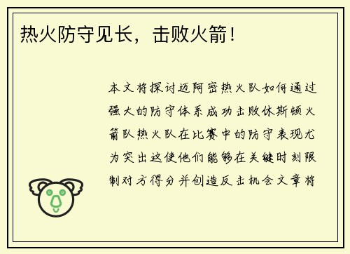 热火防守见长，击败火箭！